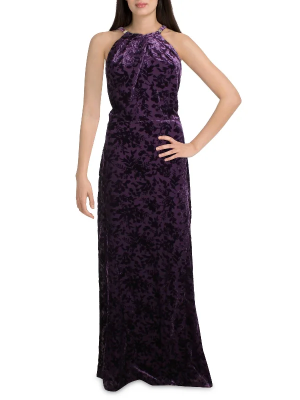 Womens Velvet Embellished Evening Dress