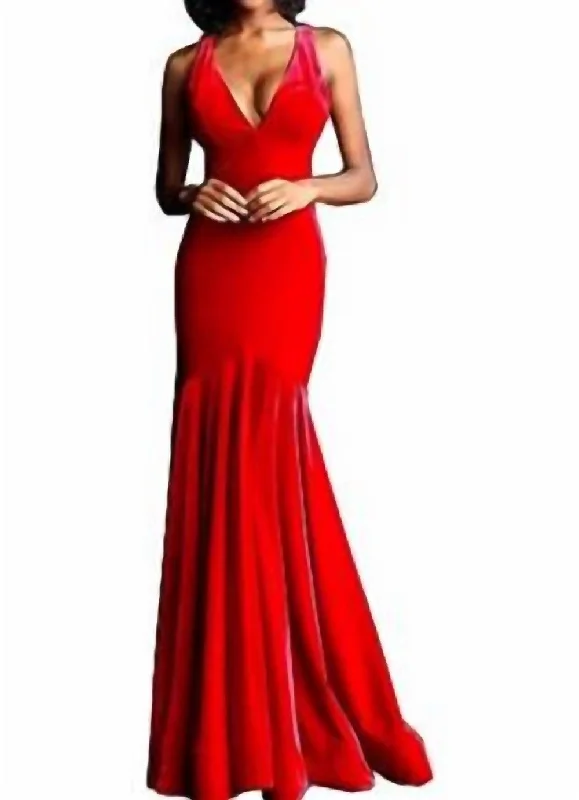 Velvet Open Back Long Dress In Red