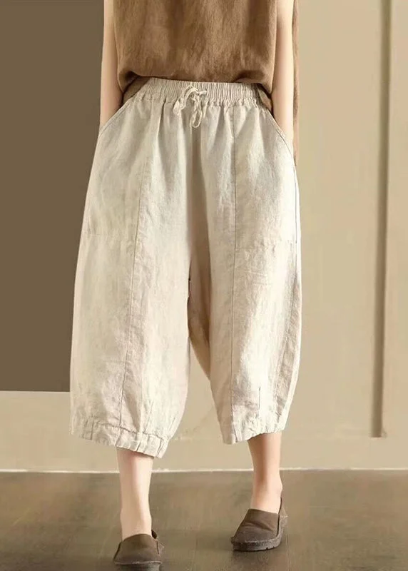 Casual Pockets Elastic Waist Linen Crop Pants Summer