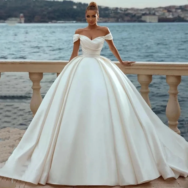 Sexy Off-Shoulder Bridal Dresses Satin Ivory  A-Line Pleated Simple Princess Wedding Gowns Vestidos De Novia Formal Party