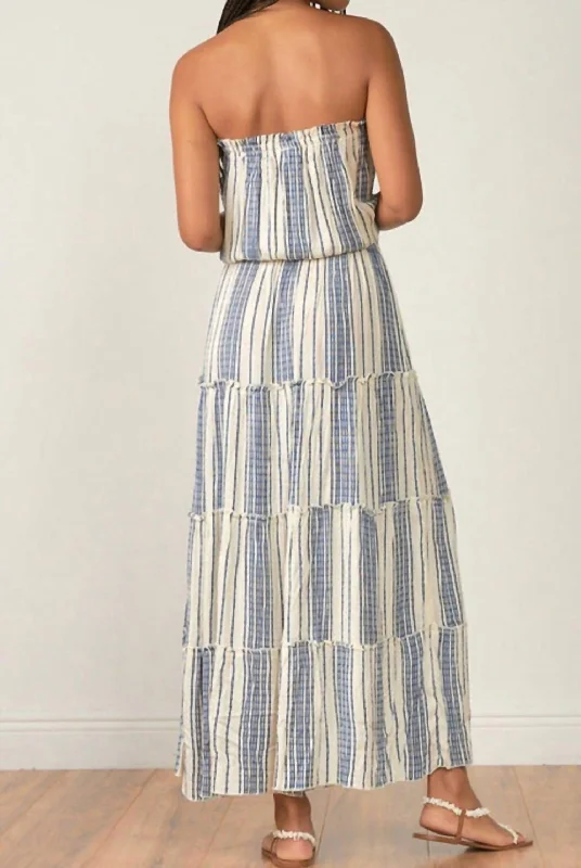 White Azure Stripe Strapless Maxi