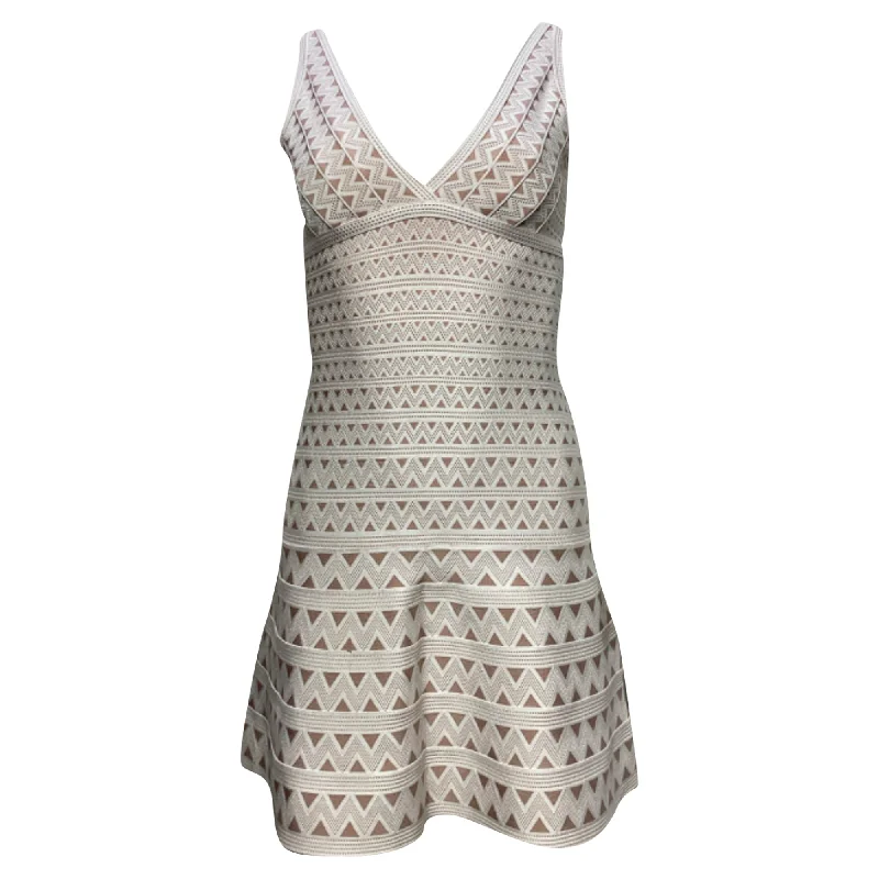 Herve Leger Chevron V-Neck Mini Dress in White and Brown Rayon