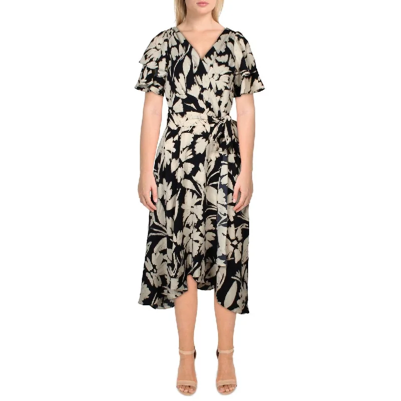 Womens Floral Print Midi Wrap Dress