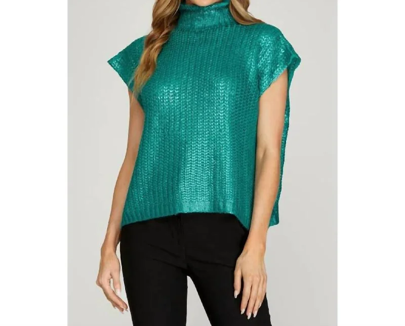 Metallic Foiled Sweater Top In Emerald