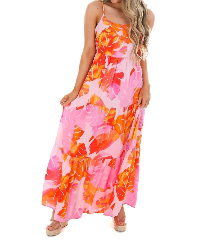 Here & Now Tropical Maxi Dress In Pink Multi