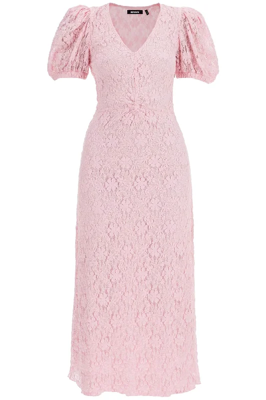 Rotate Women's pink Lace Midi Dress With Puff Sleeves