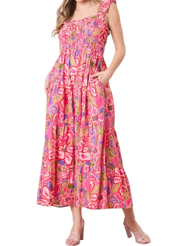 Floral Pleated Midi Dress In Coral/pink Multi