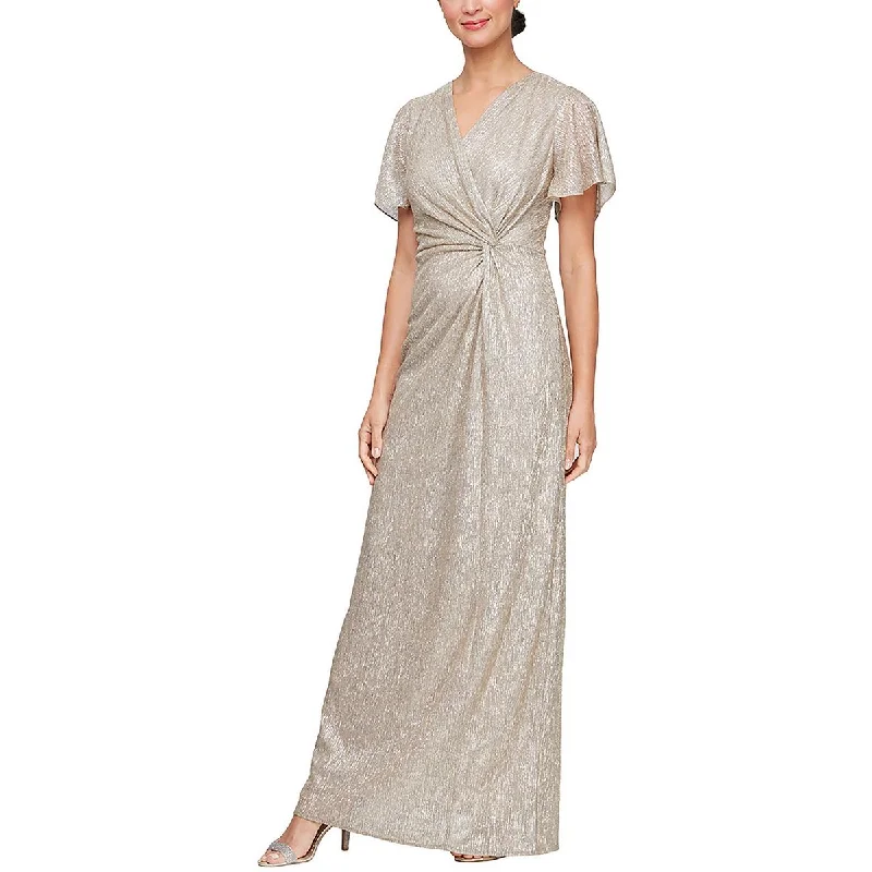 Womens Metallic Ruched Evening Dress