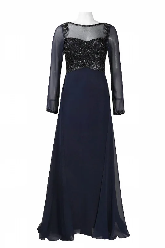 Beaded Bodice Evening Dress In Navy