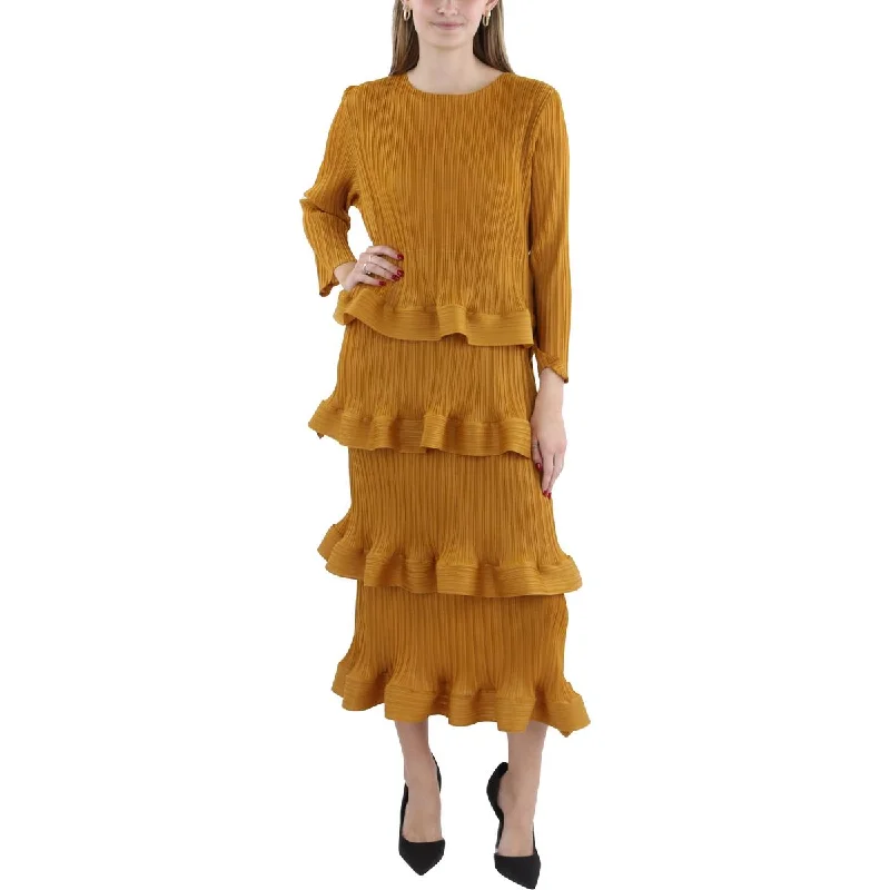 Womens Pleated Tiered Midi Dress