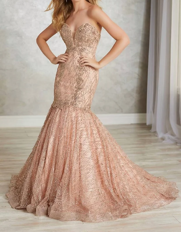 Metallic Lace Appliques Prom Dress In Rose/gold