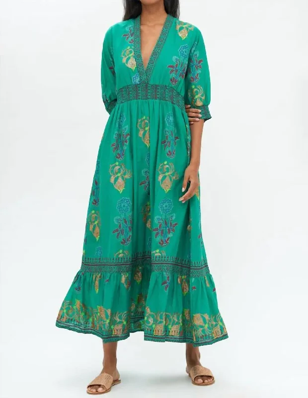 V-Neck Smocked Waist Maxi Dress In Goldenrod Green