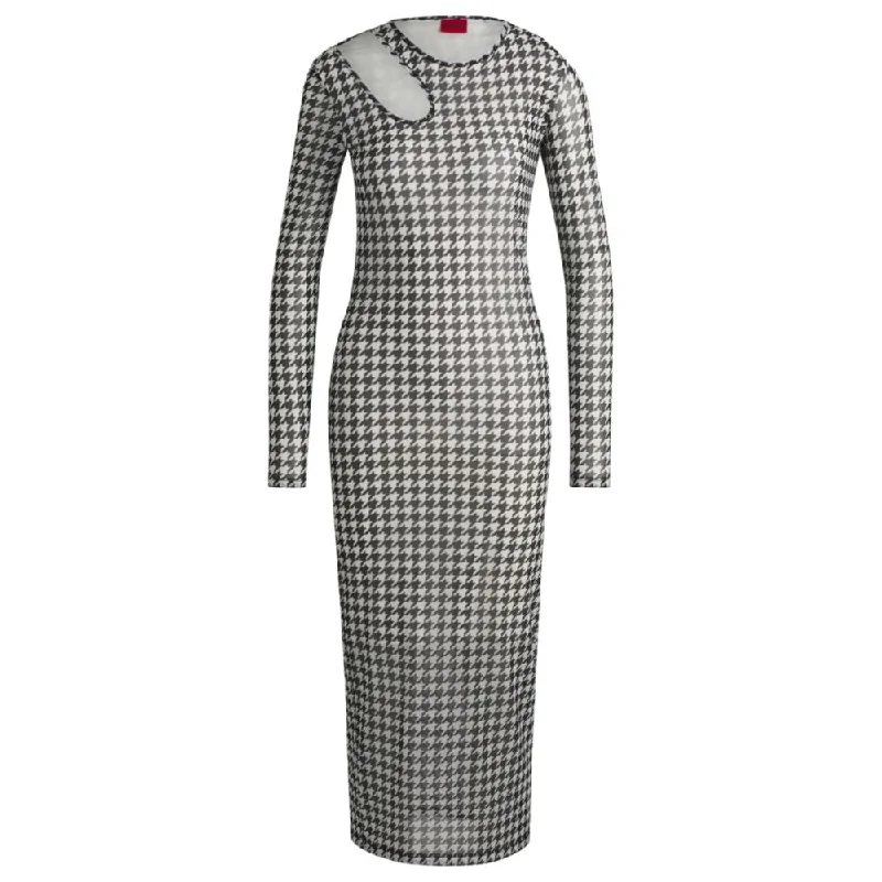 Houndstooth mesh midi dress with cut-out neckline