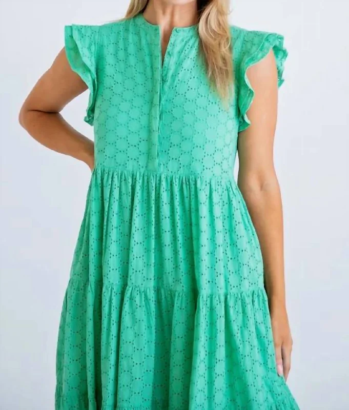 Solid Eyelet Circle Tier Maxi Dress In Green