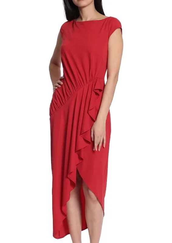 Mica Asymmetrical Midi Dress In Red