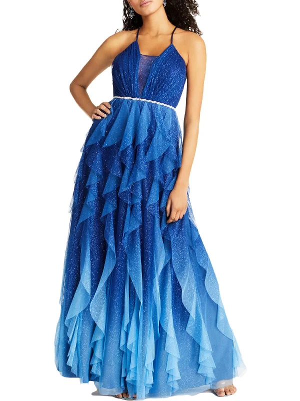 Juniors Womens Glitter Ruffled Evening Dress