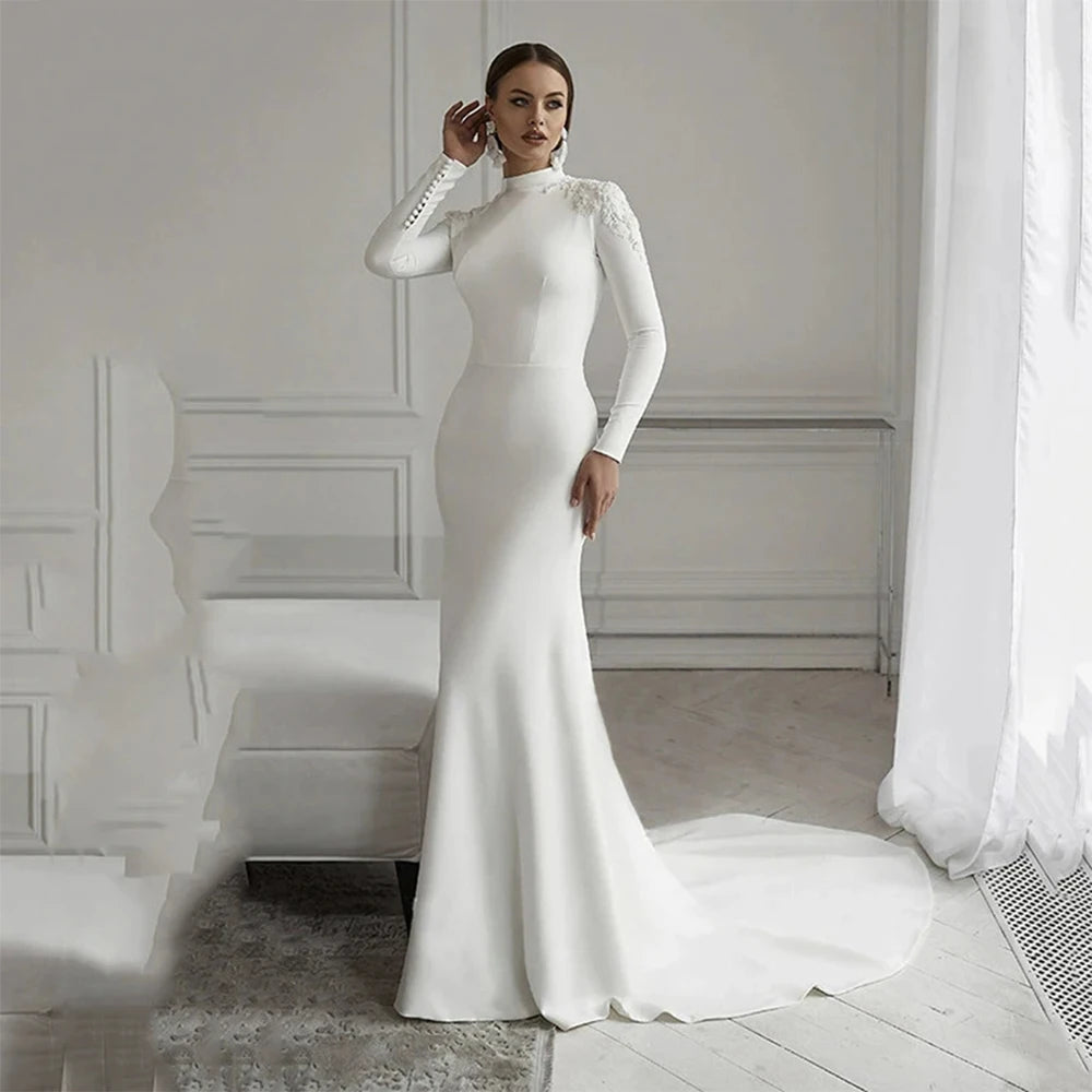 Simple Fashion Bridal Dresses Long Sleeve Muslim Princess Wedding Gowns Mermaid Formal Beach Party Vestidos De Novia Robe فستان