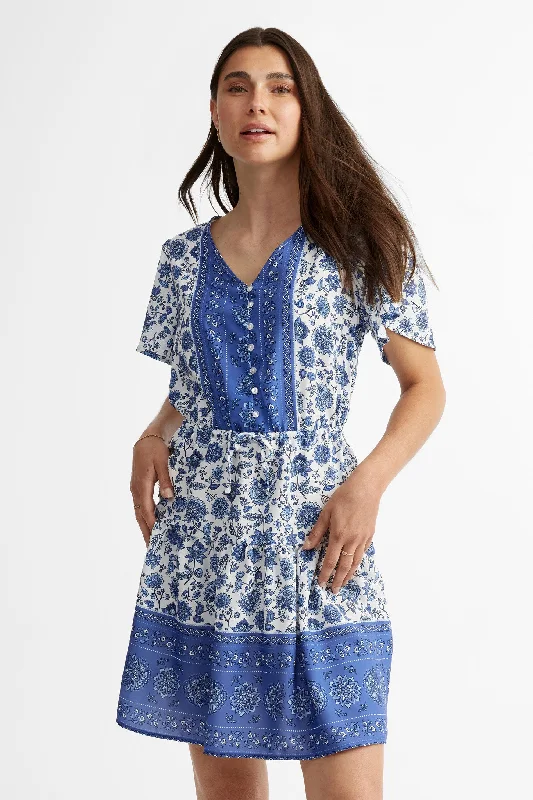 Robe courte col en V imprimée en challis - Femme