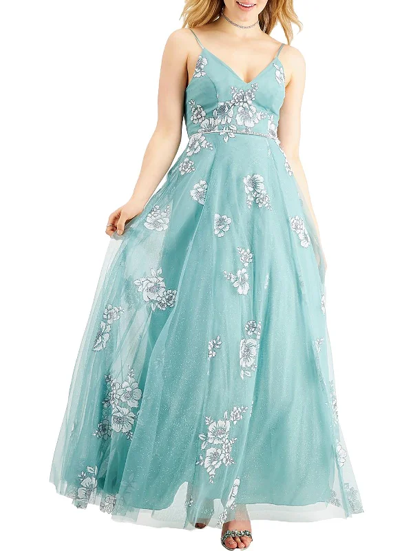 Juniors Womens Floral Chiffon Evening Dress