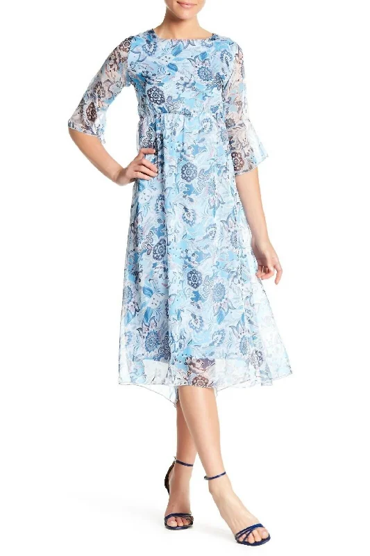 Floral Print Sheer Chiffon Cocktail Summer Midi Dress In Blue