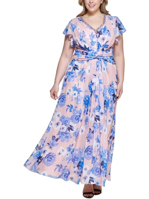 Plus Womens Floral Maxi Fit & Flare Dress