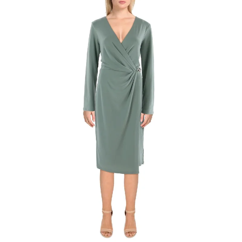 Womens Pleated Midi Wrap Dress