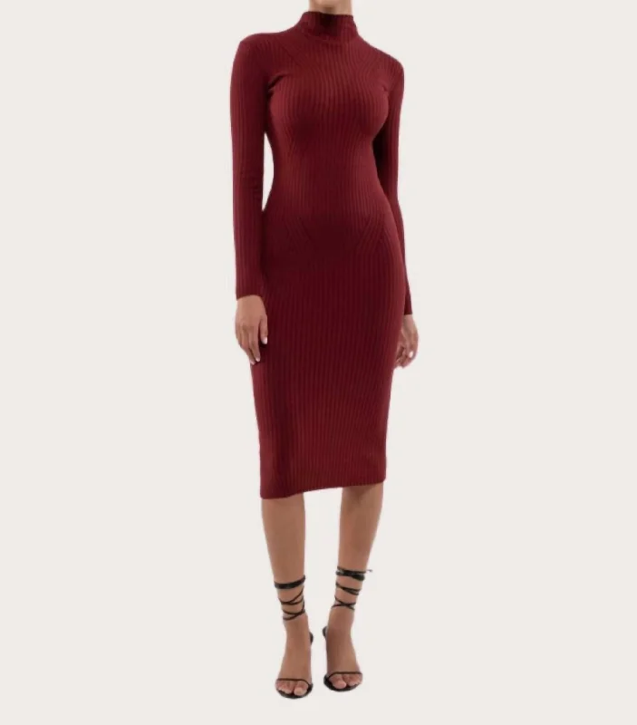 Rib Knit Midi Dress In Wine