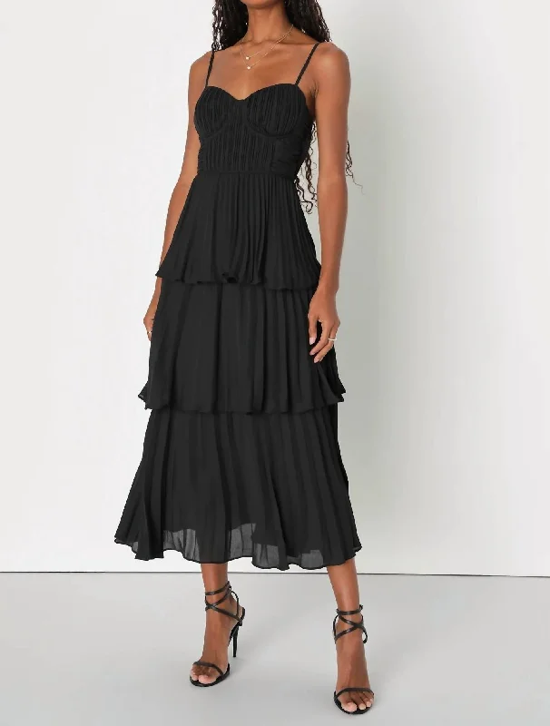 Cascading Crush Tiered Bustier Midi Dress In Black