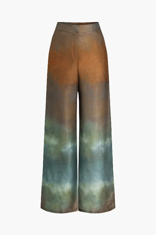 Tie Dye Print Satin Wide Leg Trousers