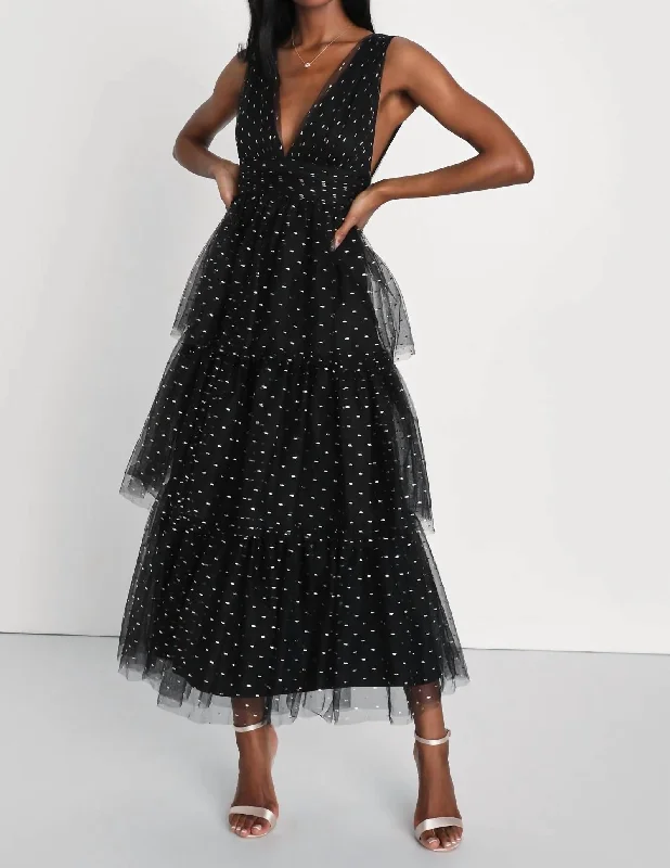 Decadent Impression Tulle Tiered Shiny Dot Midi Dress In Black