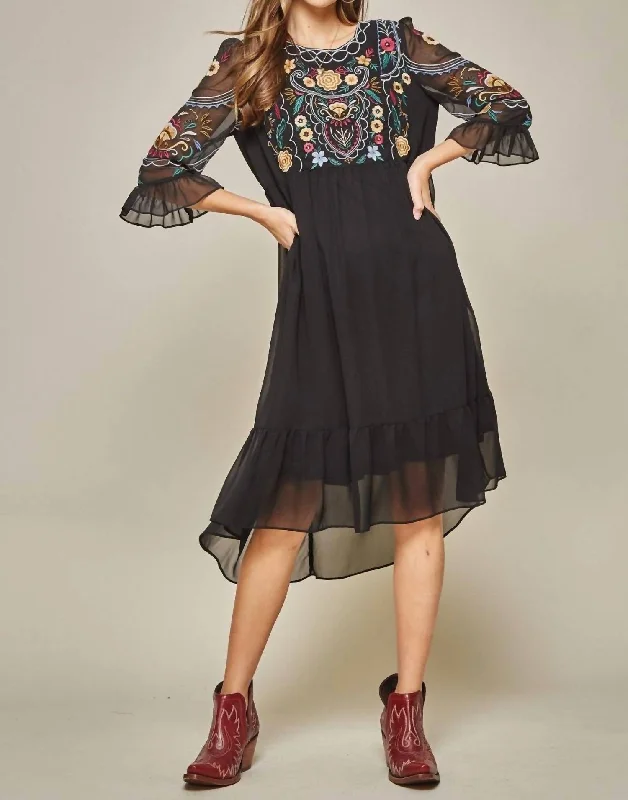 Embroidered Babydoll Midi Dress In Black