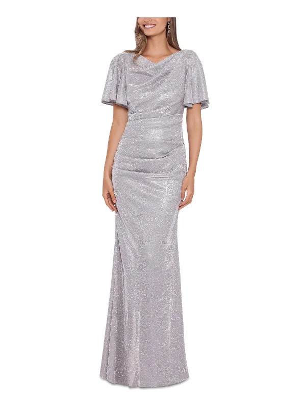 Petites Womens Metallic Ruched Evening Dress