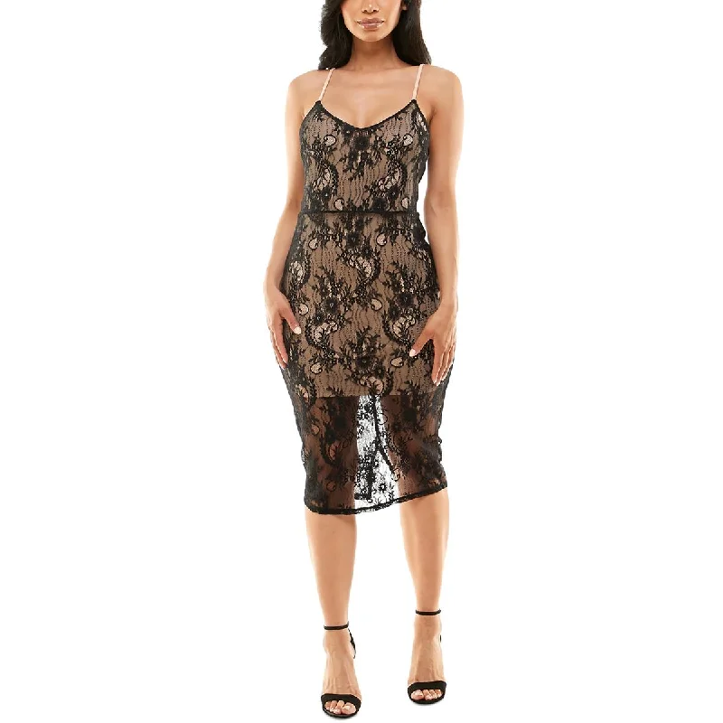 Womens Lace Overlay Mid Calf Midi Dress